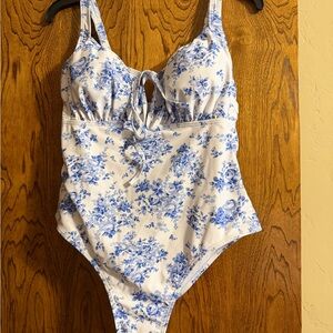 Floral Blue and White One-Piece Swimsuit XL